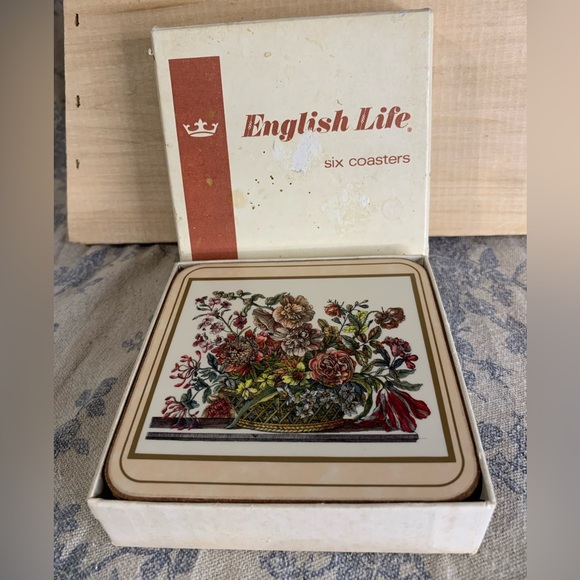 VTG Set of 6 English Life Cork Floral Coasters Made in England in Box - Picture 8 of 9